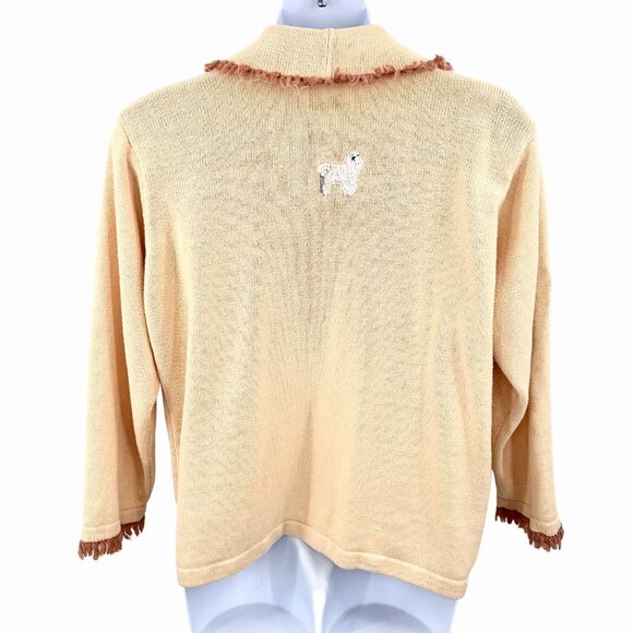 STORYBOOK KNITS HSN EMBROIDERED DOG FRINGED IVORY & BROWN CARDIGAN SWEATER 2X - Picture 5 of 7